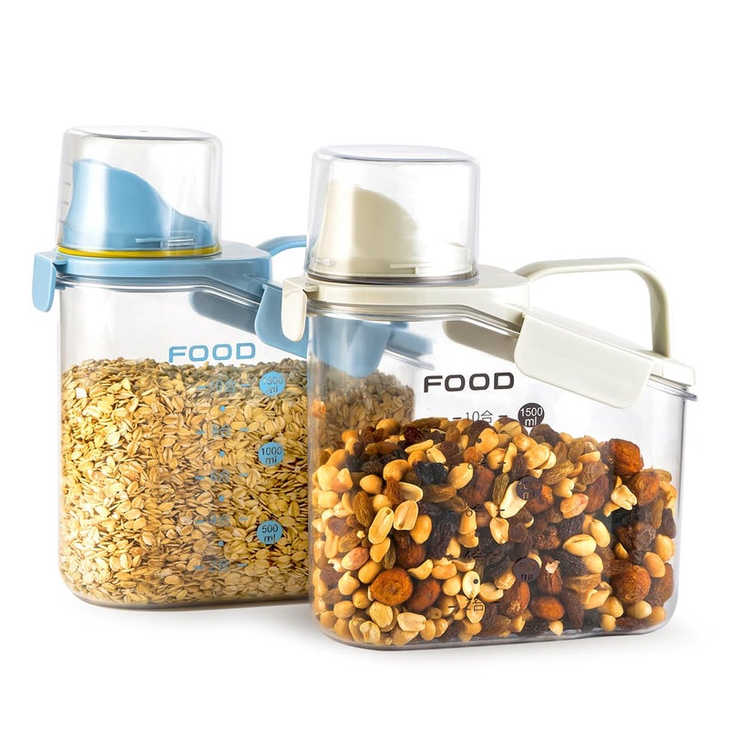 LANGMINGDE 2 PCS Airtight Storage Containers  2.8L/95fl.oz Cereal Rice Holder  Dog Cat Food Dispenser with Measuring Cup  BPA Free Clear Plastic Kitchen Pantry Organization Bin  1 Blue+1 White - Image 1